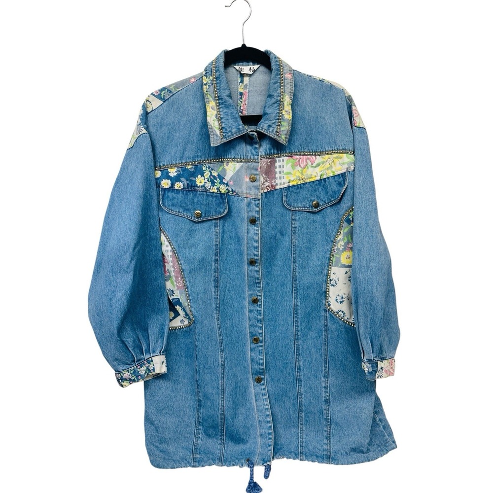 Vintage Denim Grannycore Button Up Coat Jacket Floral Patchwork Read